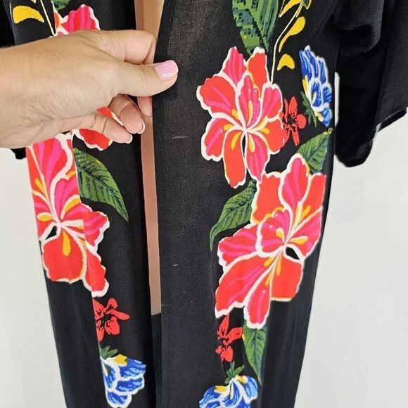 Flying Tomato Duster Womens Size Small Medium Maxi Kimono Black Floral Boho - Picture 5 of 11